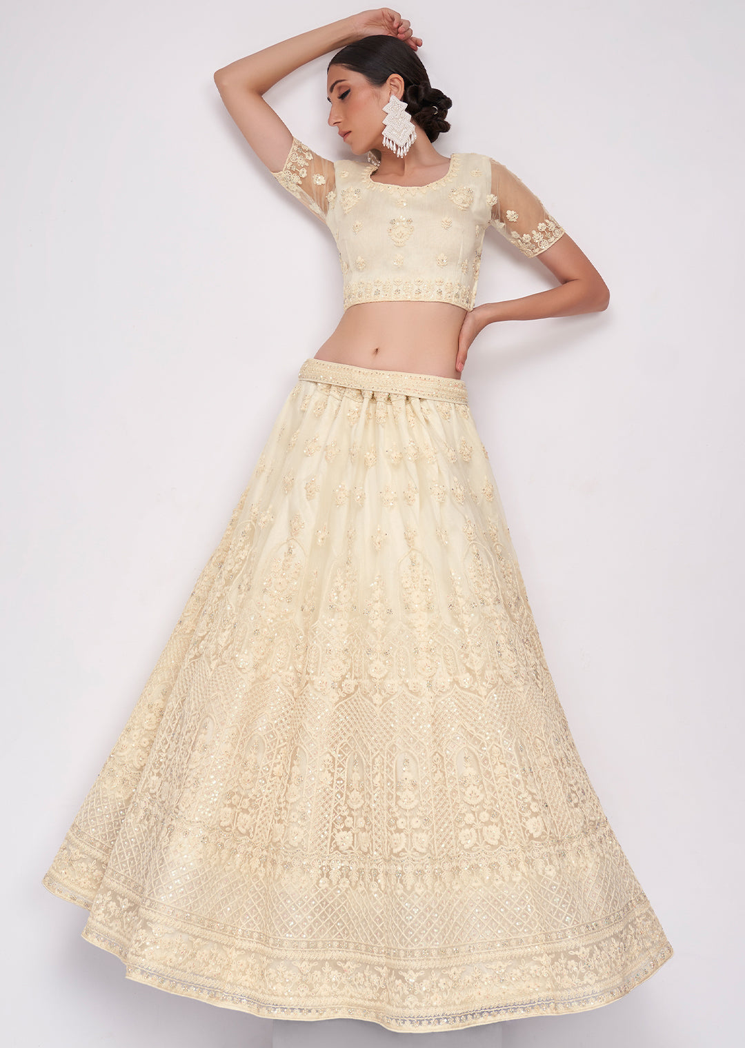 PEARL WHITE HEAVY EMBROIDERED PREMIUM NET DESIGNER LEHENGA