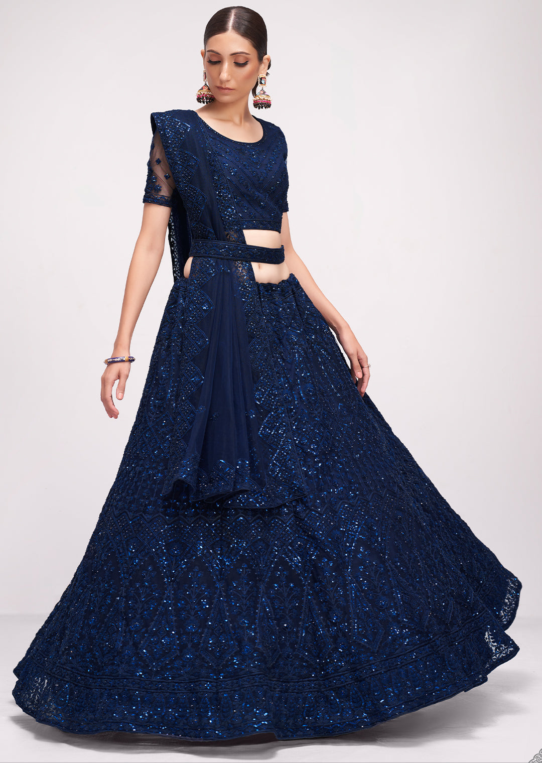 NAVY BLUE HEAVY EMBROIDERED PREMIUM NET DESIGNER LEHENGA