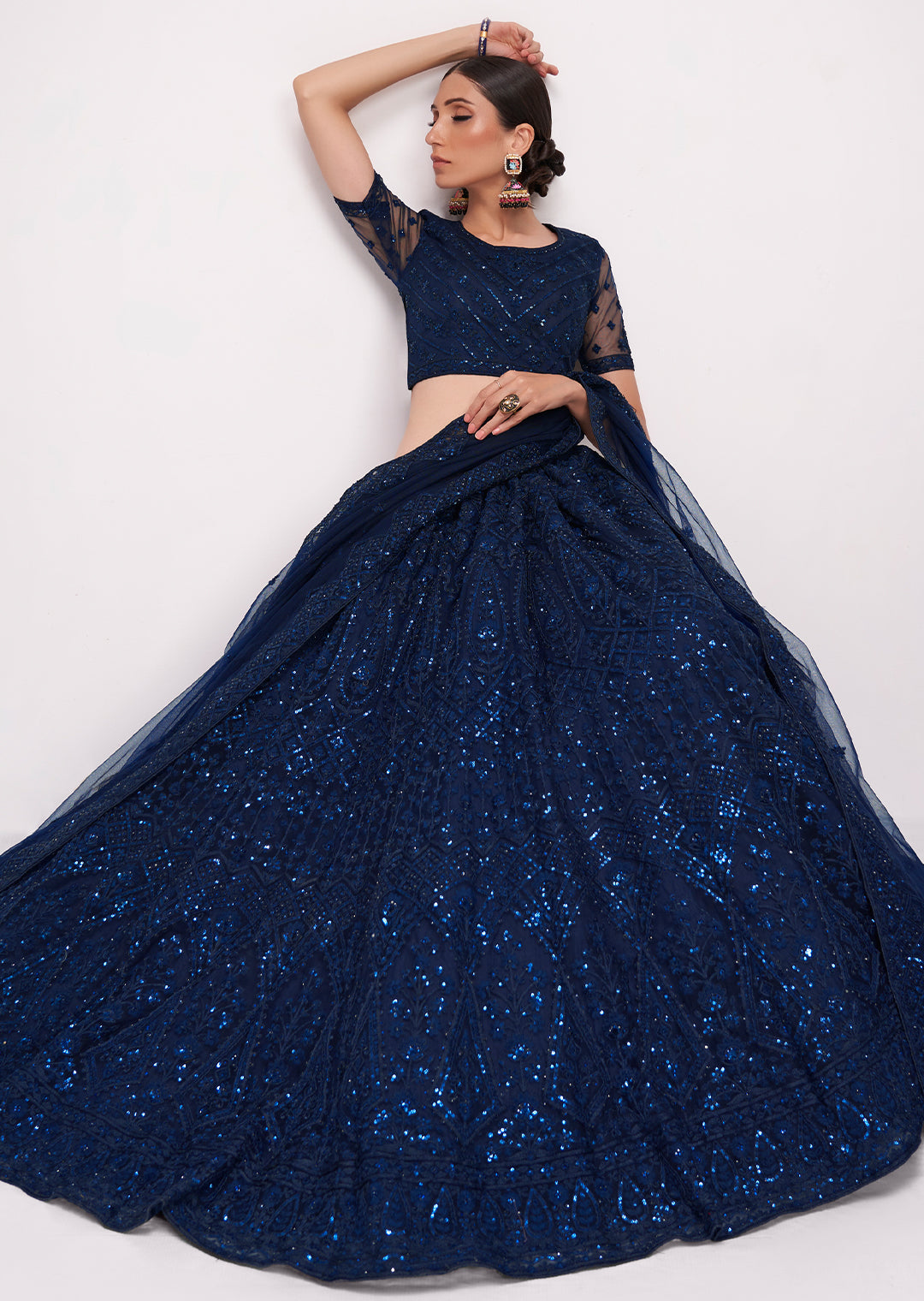 NAVY BLUE HEAVY EMBROIDERED PREMIUM NET DESIGNER LEHENGA
