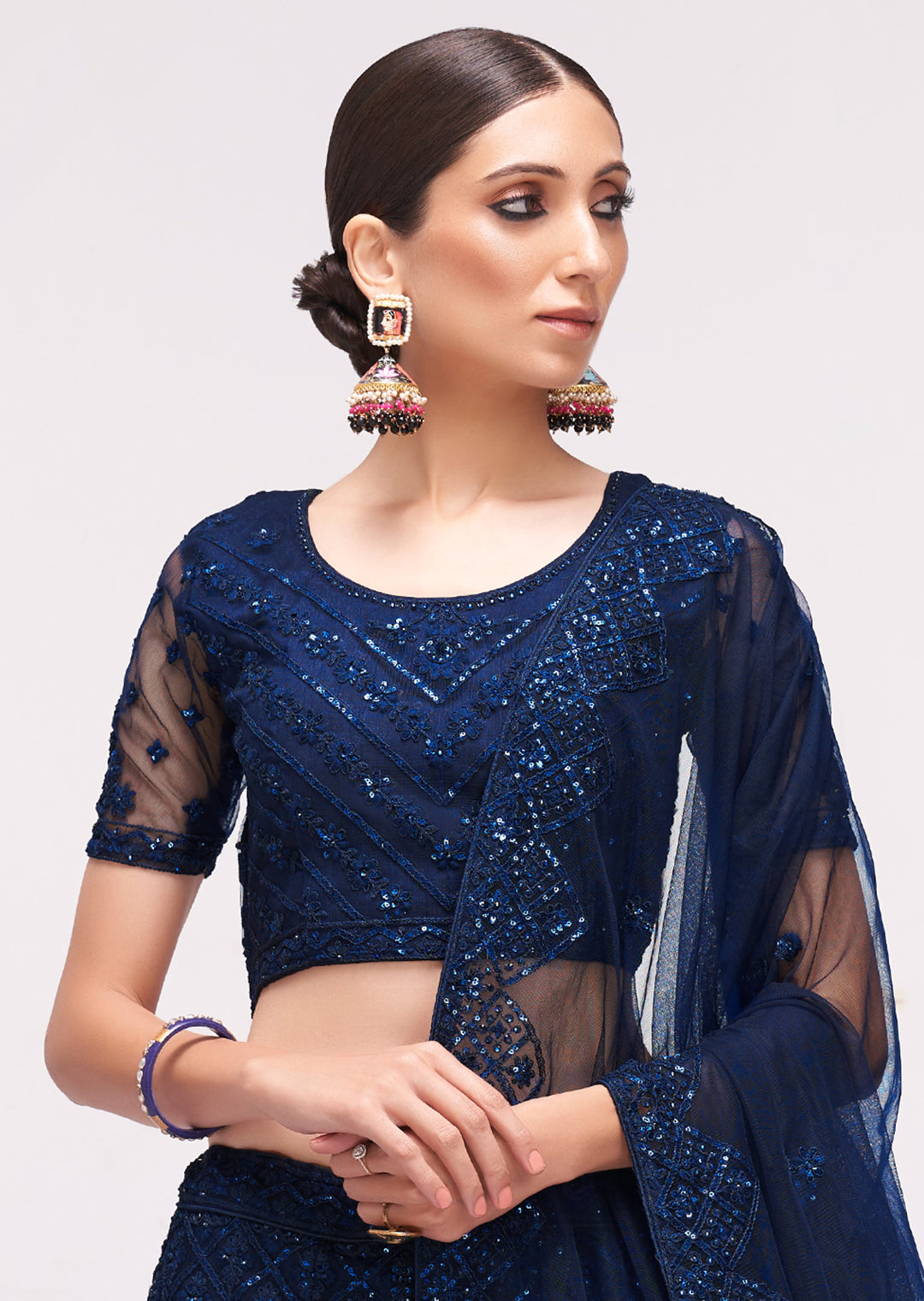 NAVY BLUE HEAVY EMBROIDERED PREMIUM NET DESIGNER LEHENGA