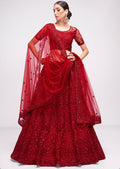 RED HEAVY EMBROIDERED PREMIUM NET DESIGNER LEHENGA