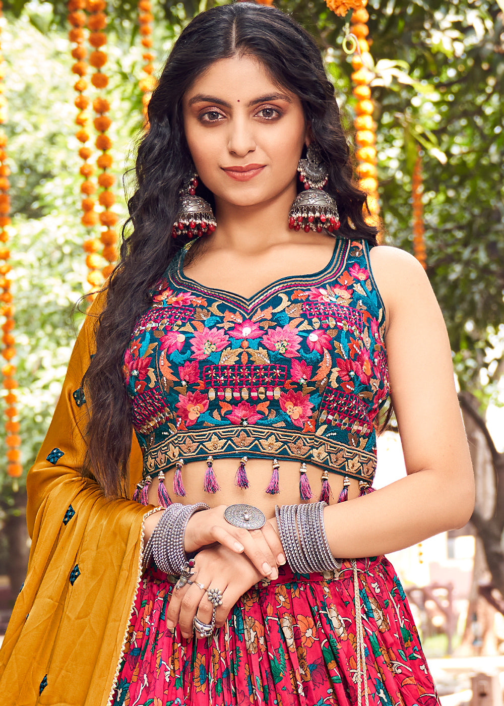 CERISE PINK WOVEN LAGDI PATTA GAJJI SILK LEHENGA WITH HEAVY HANDWORKED BLOUSE