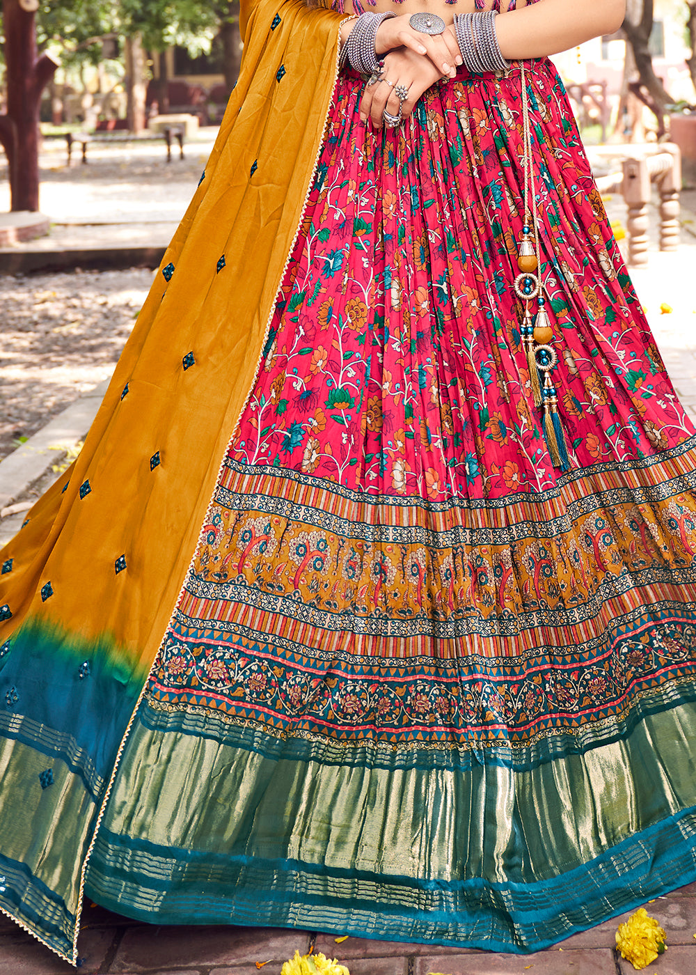 CERISE PINK WOVEN LAGDI PATTA GAJJI SILK LEHENGA WITH HEAVY HANDWORKED BLOUSE