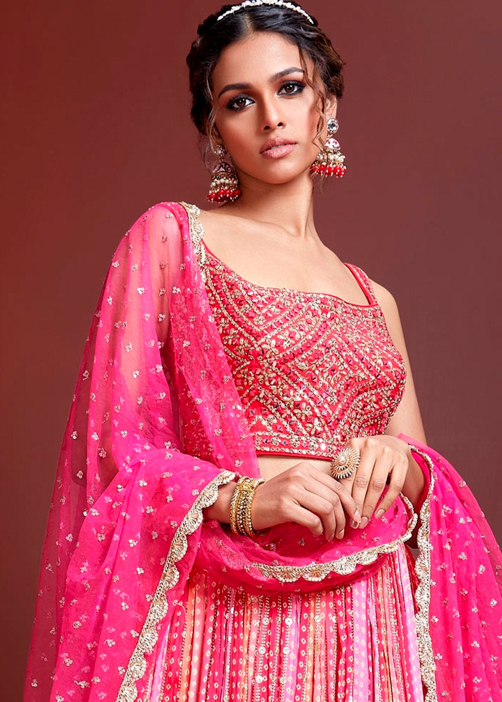 HOT SHADED PINK SILK LEHENGA WITH HEAVY EMBROIDERED BLOUSE