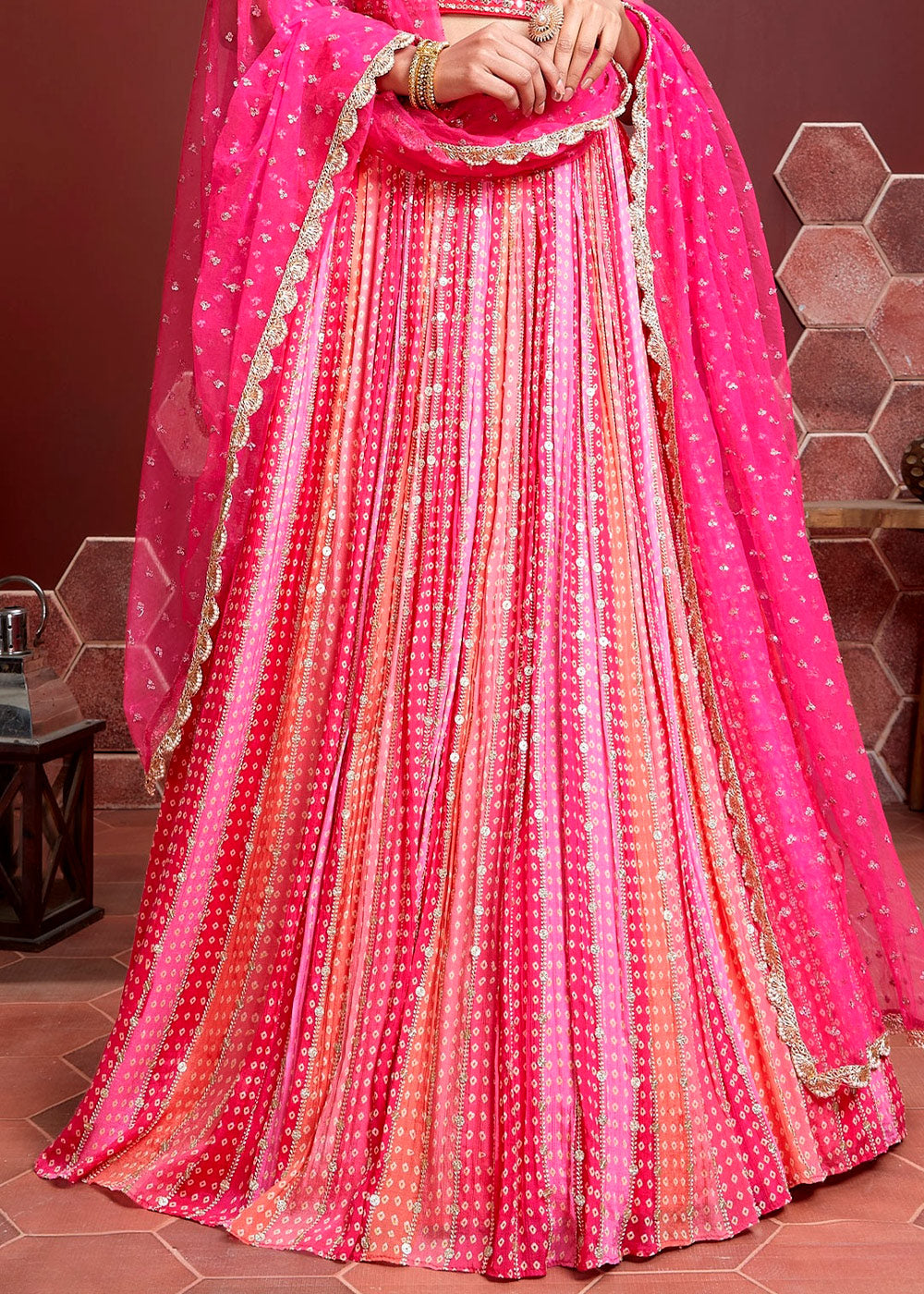 HOT SHADED PINK SILK LEHENGA WITH HEAVY EMBROIDERED BLOUSE