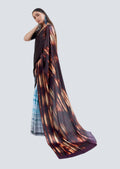 Dark Brown & Sky Blue Digital Printed Satin Crepe Saree