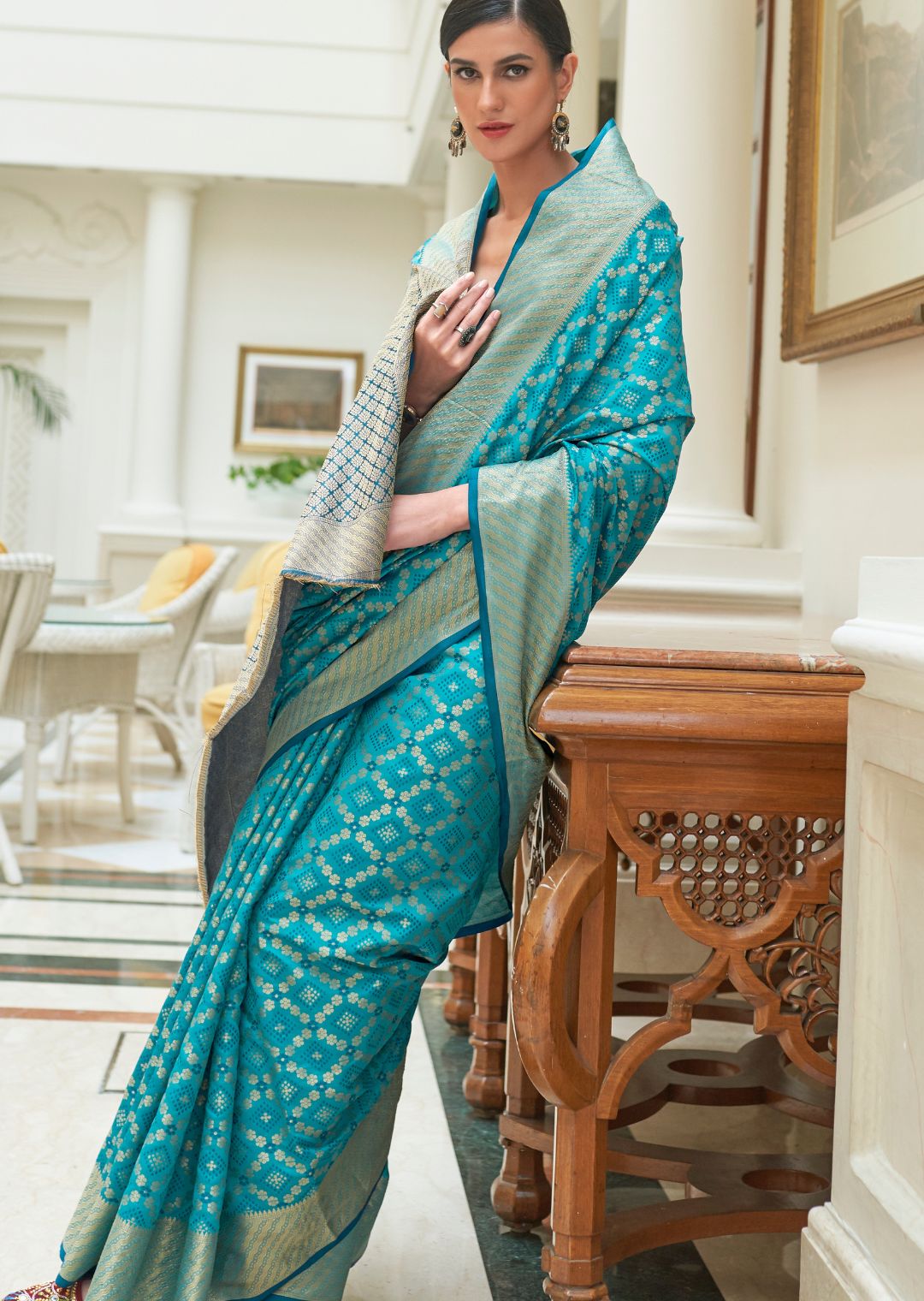 Deep Sky Blue Zari Woven Traditional Patola Silk Saree With Self Brocade Blouse