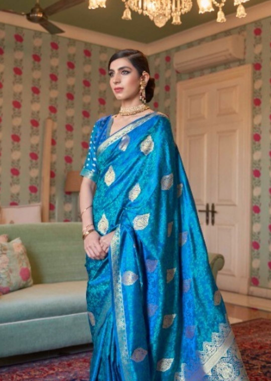 Turquoise Blue Woven Pure Satin Silk Saree
