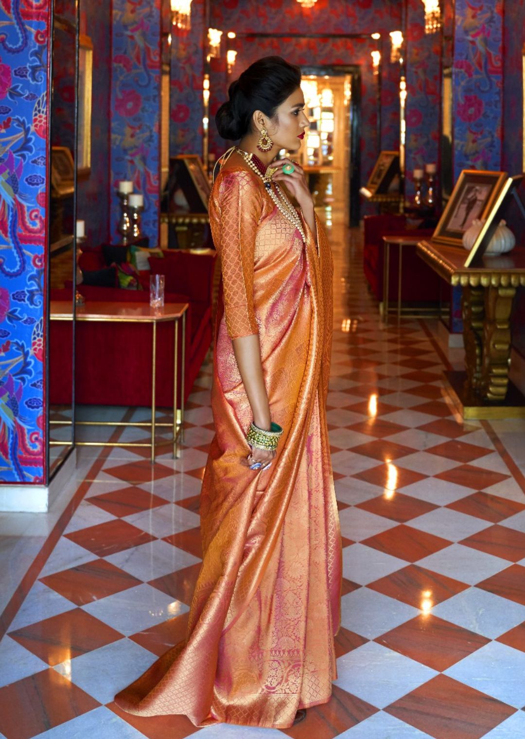 Apricot Orange Hand Woven Kanjivaram Silk Saree
