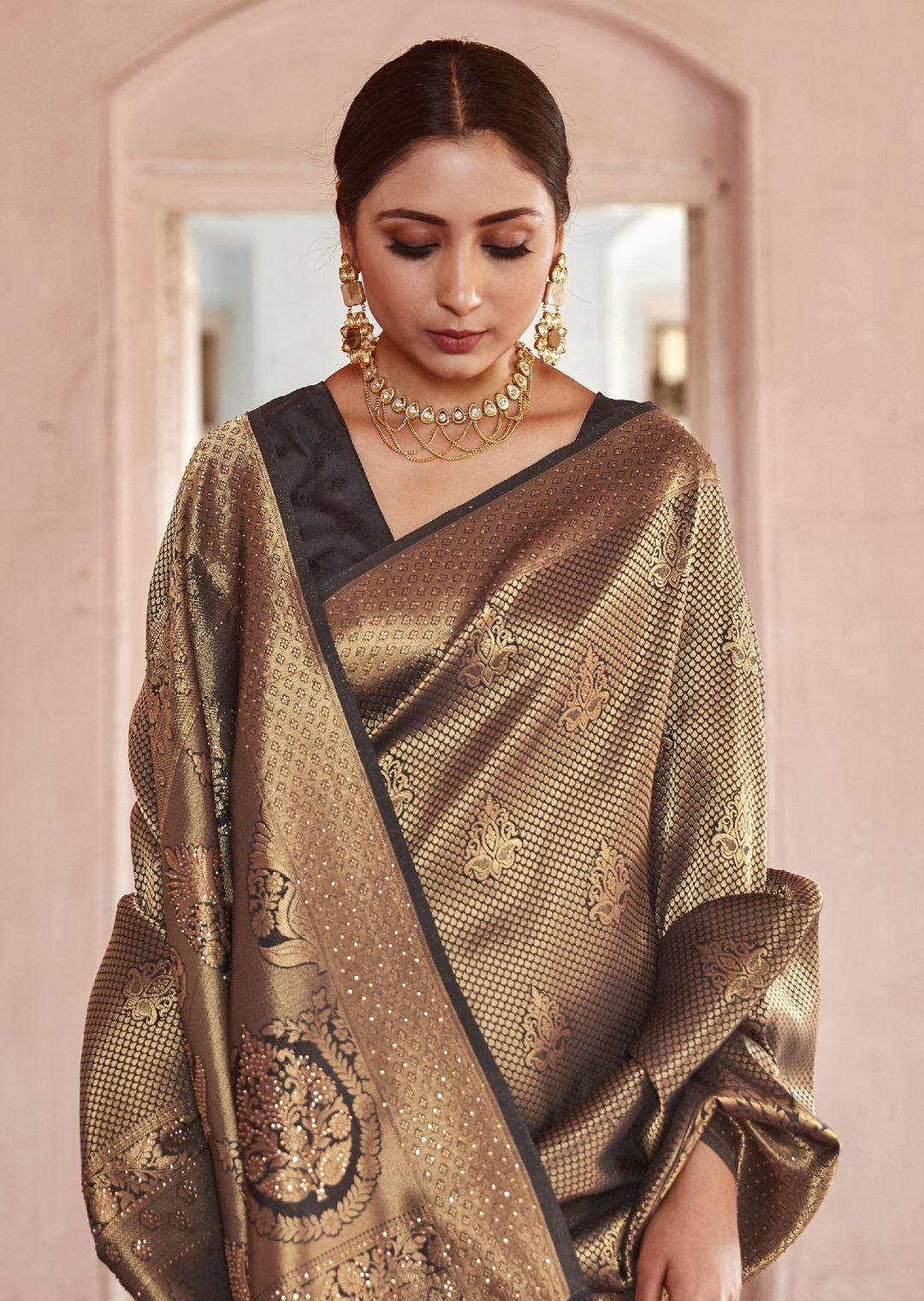 Black Gold Swaroski Hand Woven Kanjivaram Silk Saree
