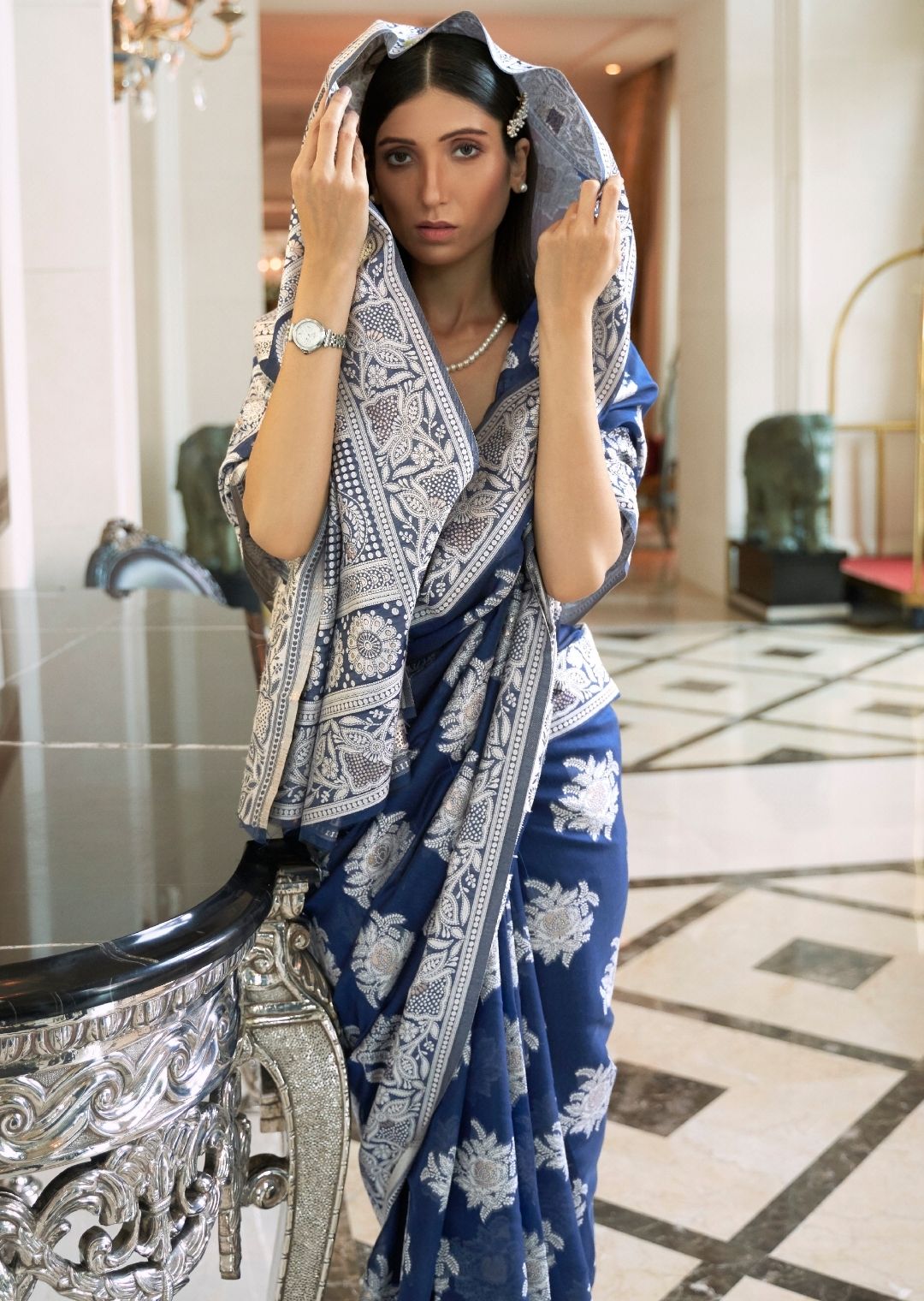 Navy Blue Hand Woven Lucknowi Cotton Saree