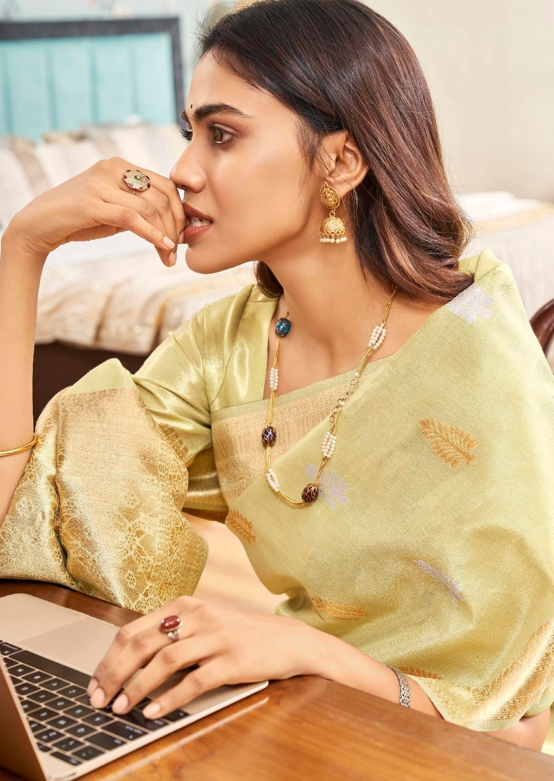 Golden Pista Green Zari Woven Pure Handloom Linen Silk Saree