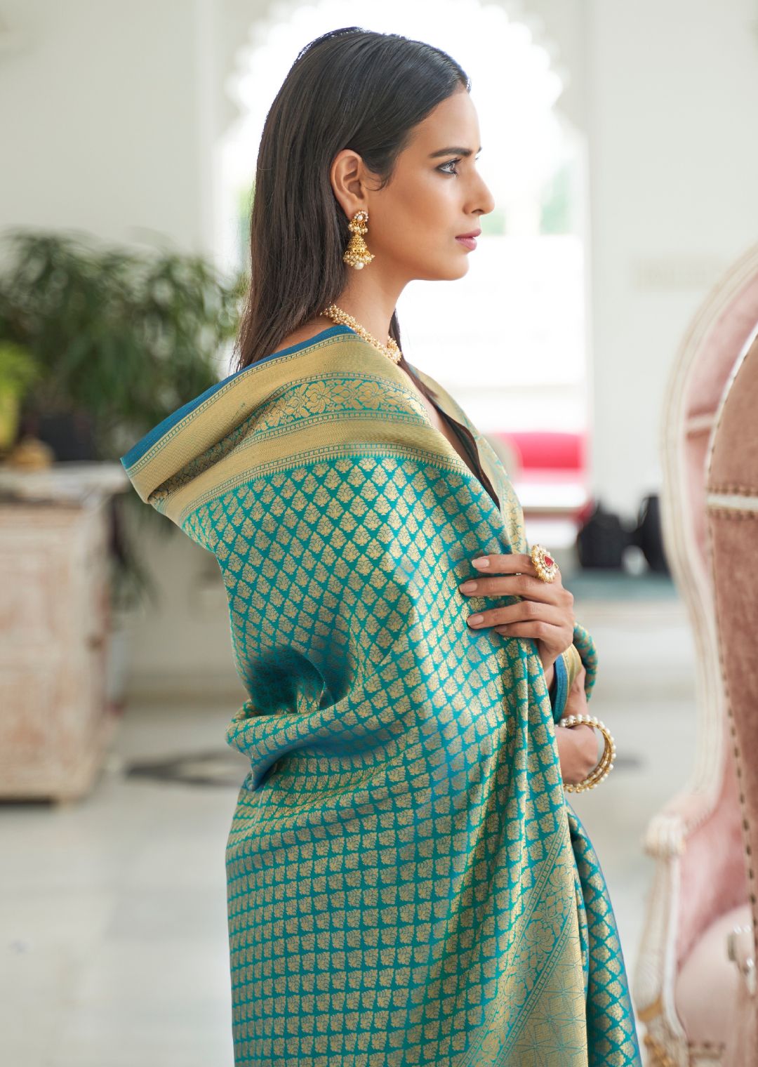Turquoise Blue Hand Woven Kanjivaram Silk Saree