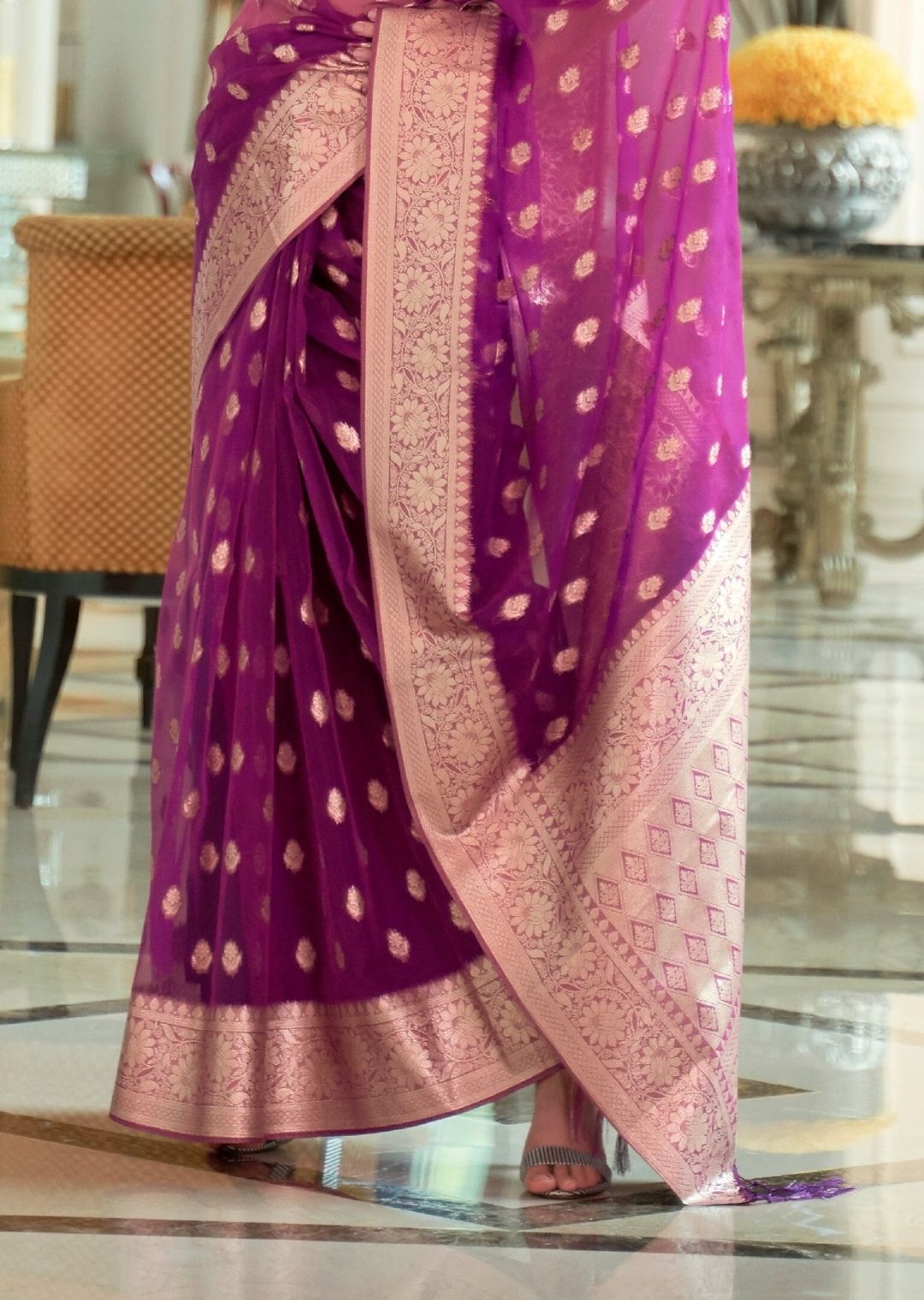 Plum Purple Hand Woven Organza Chanderi Silk Saree