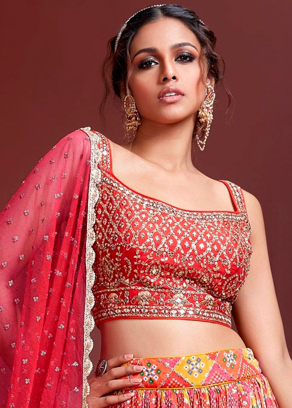 CARROT RED & PINK SILK LEHENGA WITH HEAVY EMBROIDERED BLOUSE