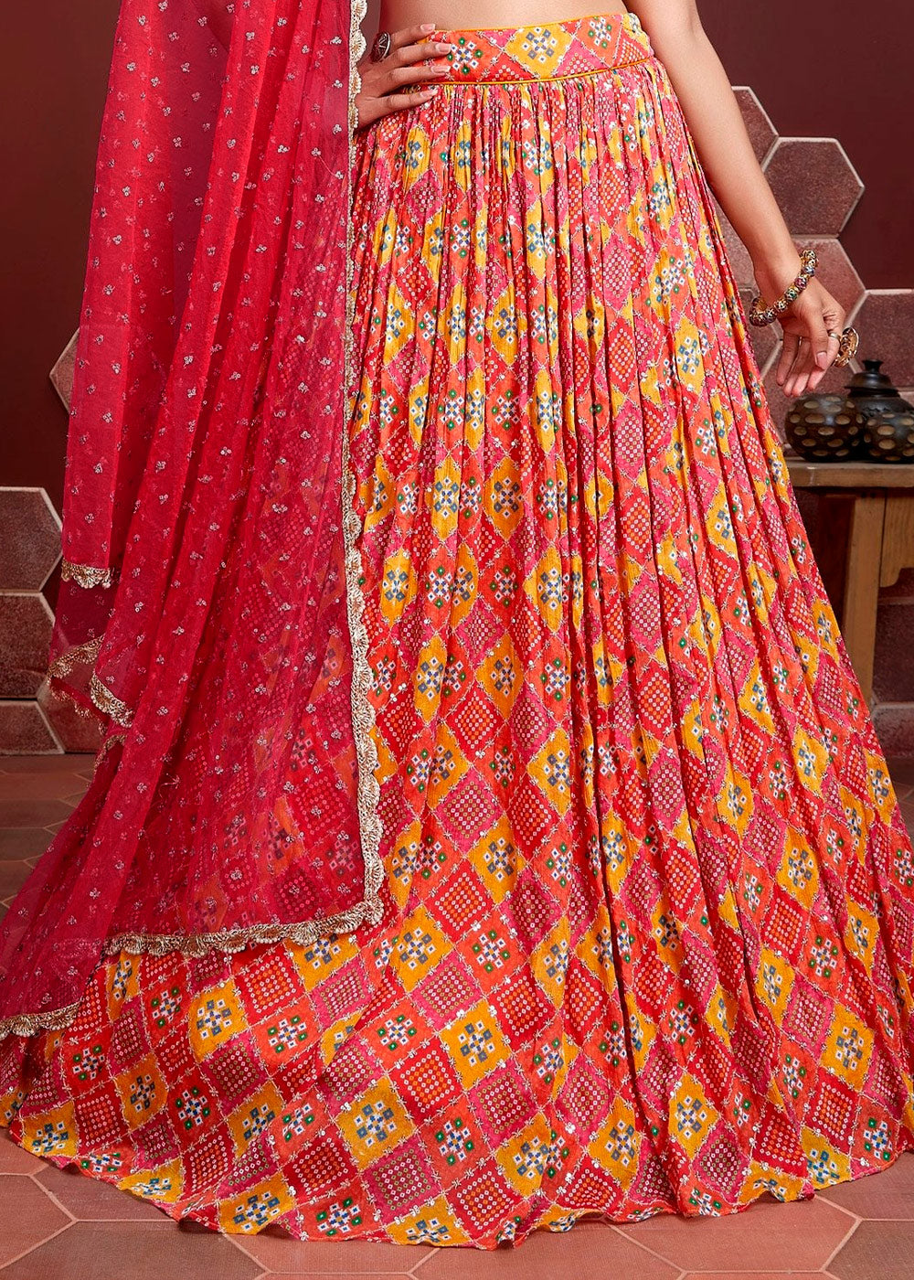 CARROT RED & PINK SILK LEHENGA WITH HEAVY EMBROIDERED BLOUSE