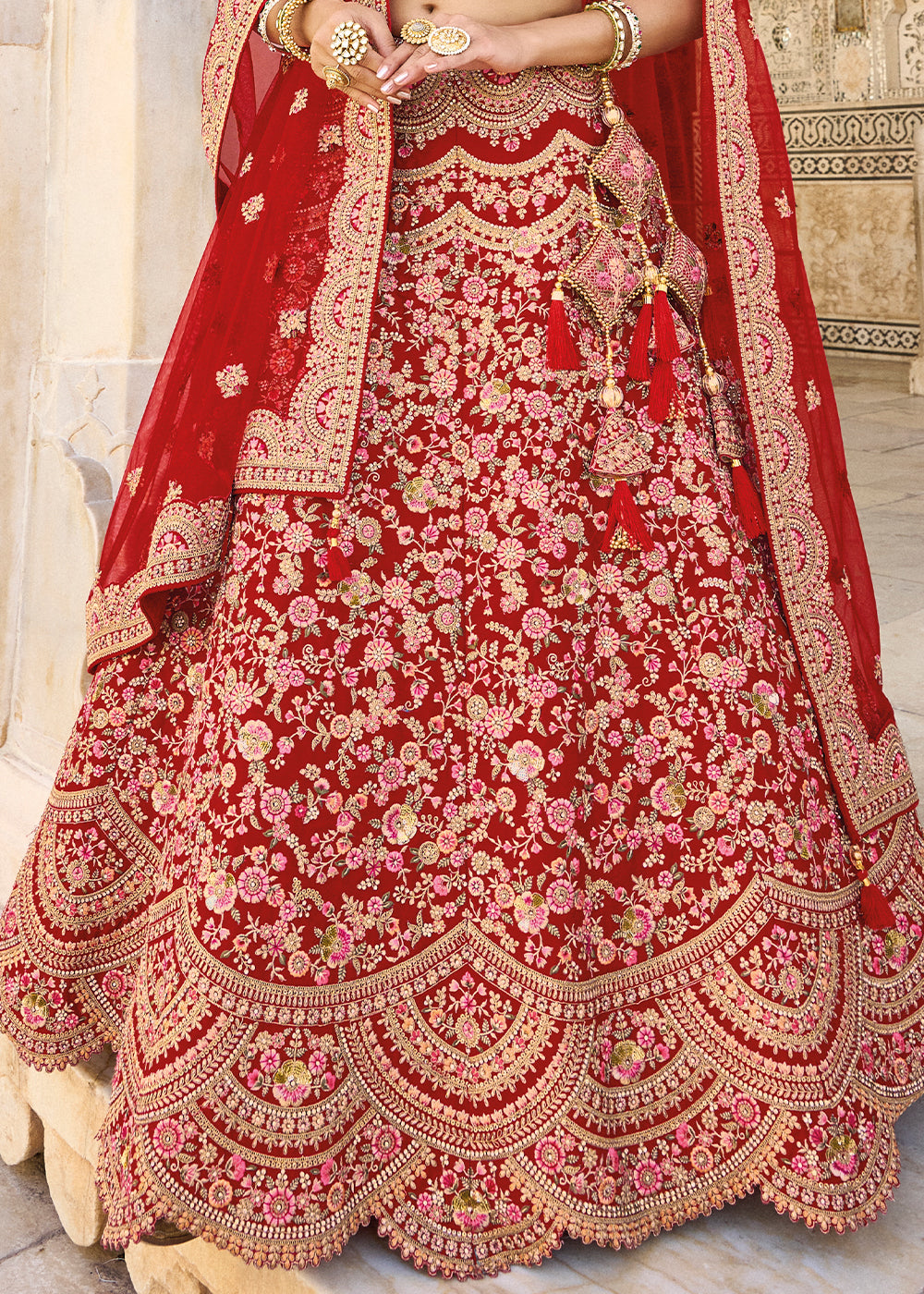 RED HEAVY EMBROIDERED DESIGNER BRIDAL LEHENGA