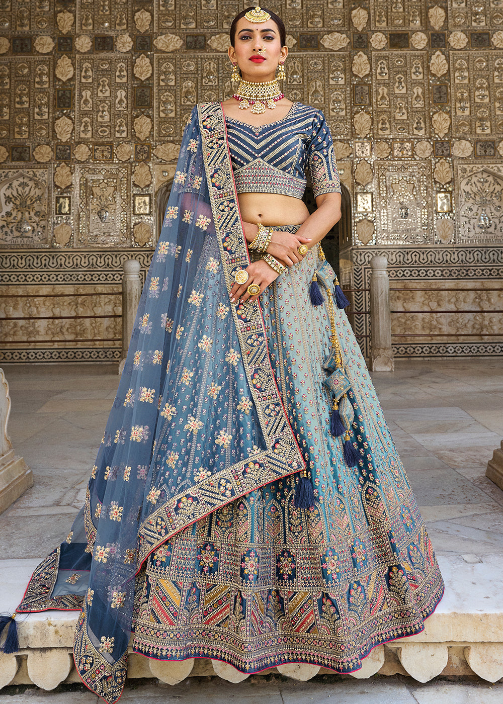 FRENCH BLUE HEAVY EMBROIDERED DESIGNER BRIDAL LEHENGA