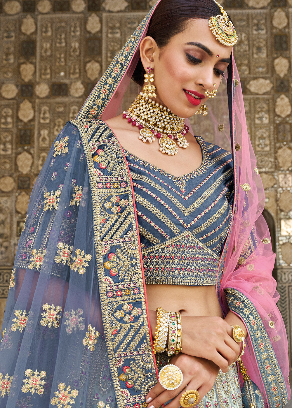 FRENCH BLUE HEAVY EMBROIDERED DESIGNER BRIDAL LEHENGA