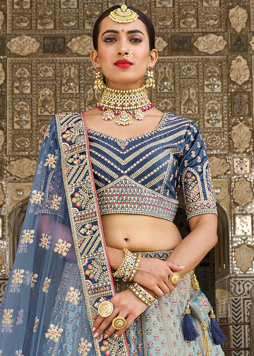 FRENCH BLUE HEAVY EMBROIDERED DESIGNER BRIDAL LEHENGA
