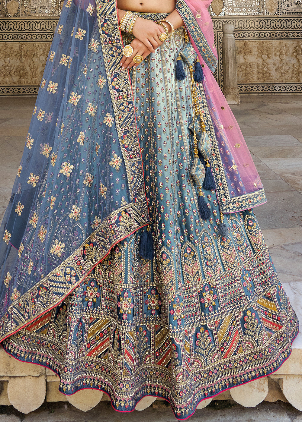 FRENCH BLUE HEAVY EMBROIDERED DESIGNER BRIDAL LEHENGA
