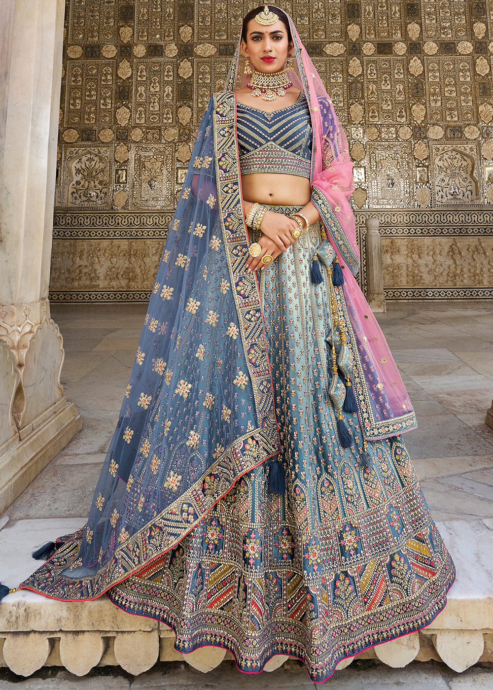 FRENCH BLUE HEAVY EMBROIDERED DESIGNER BRIDAL LEHENGA – zarikaariindia.com