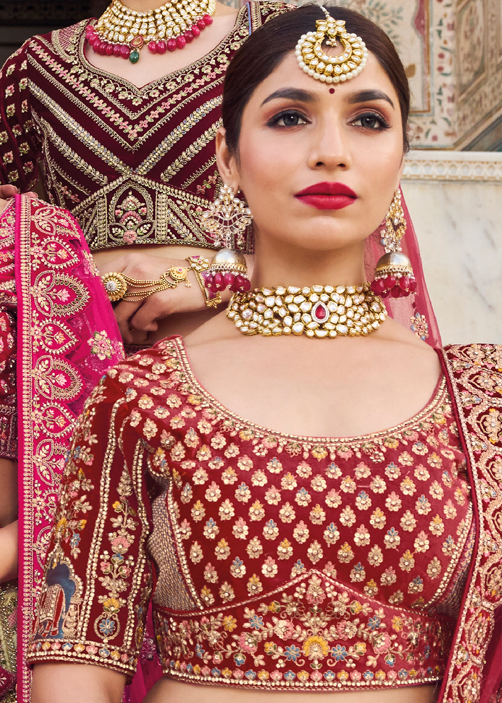 MAROON RED HEAVY EMBROIDERED DESIGNER BRIDAL LEHENGA