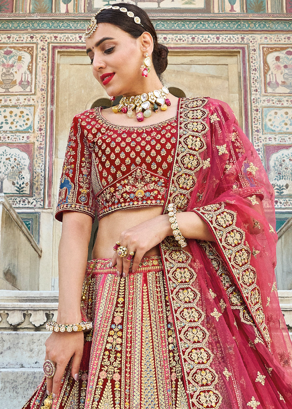 MAROON RED HEAVY EMBROIDERED DESIGNER BRIDAL LEHENGA