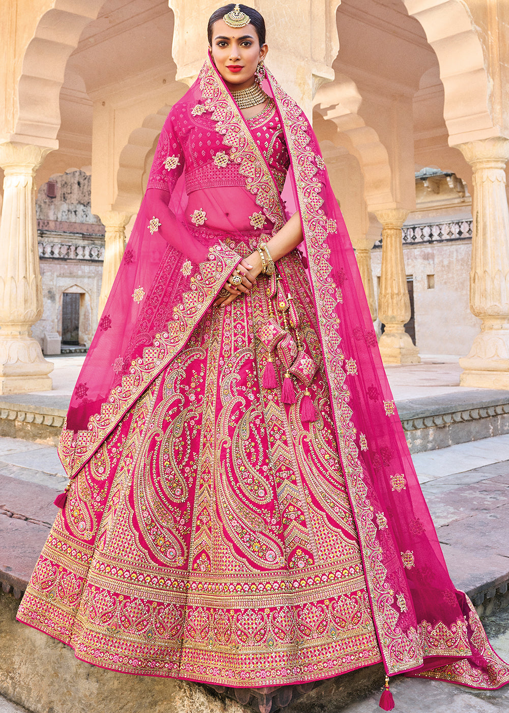 Heavy Embroidered Ombre Bridal Lehenga Detailed with Golden Floral & G –  archerslounge