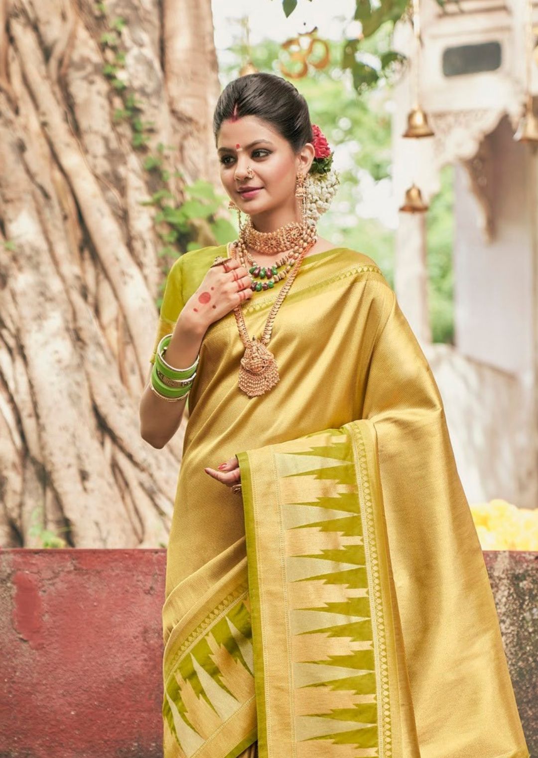 Golden Olive Green Woven Kanjivaram Silk Saree