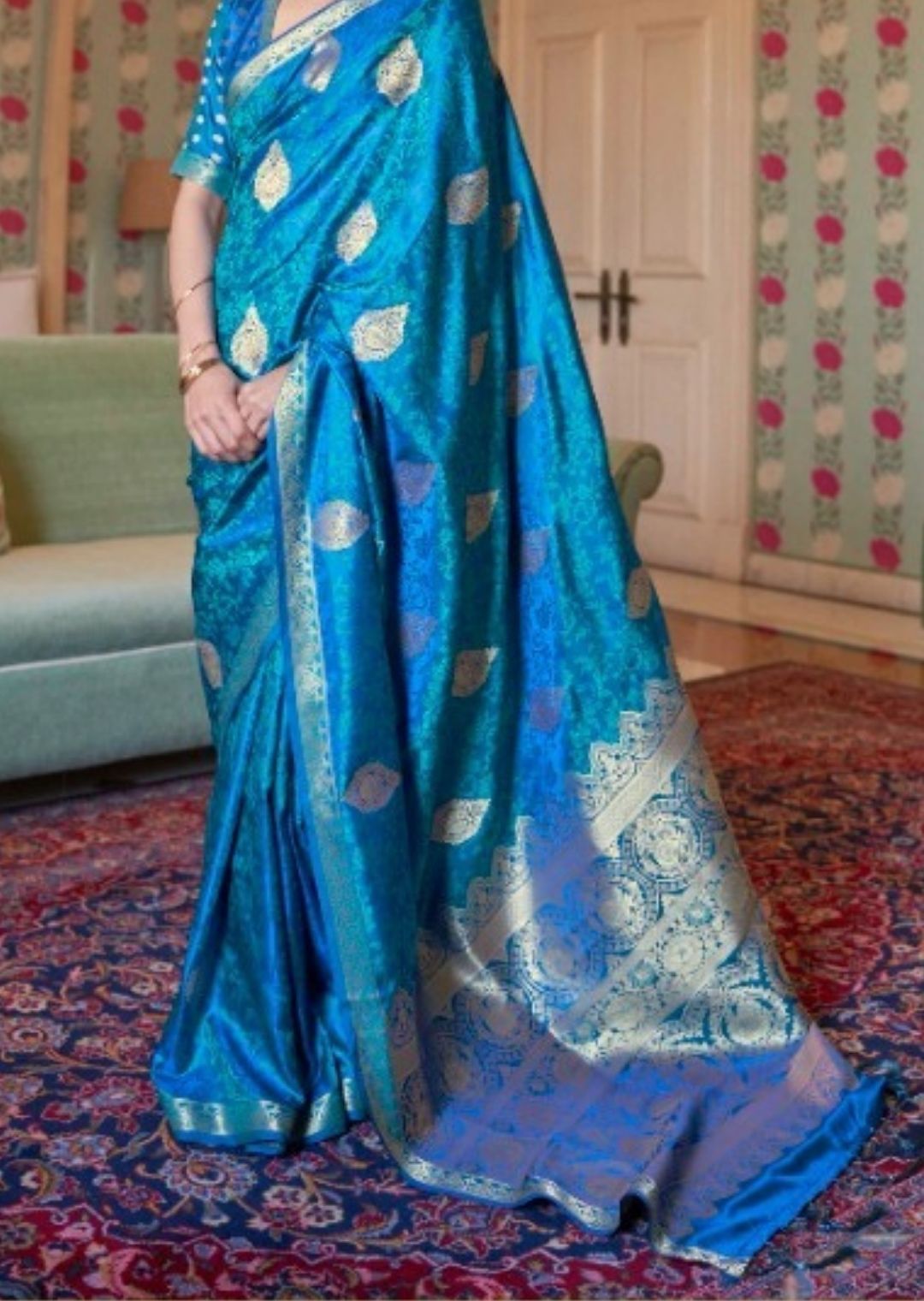 Turquoise Blue Woven Pure Satin Silk Saree
