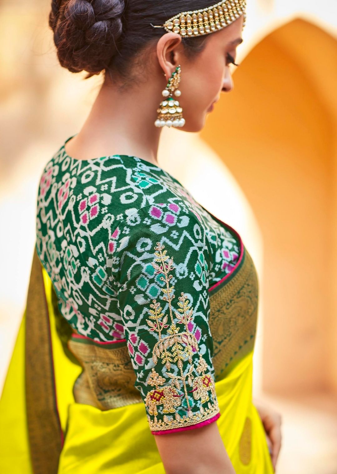 Lemon Yellow Woven Traditional Patola Silk Saree With Embroidered Silk Blouse