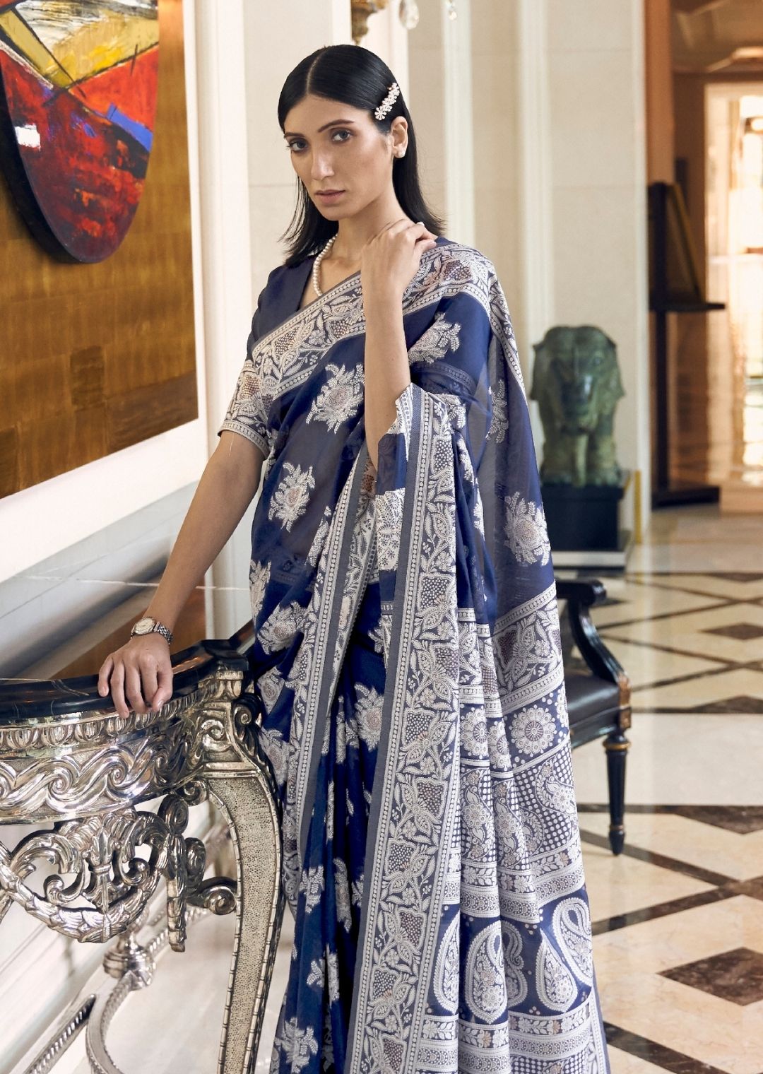 Navy Blue Hand Woven Lucknowi Cotton Saree