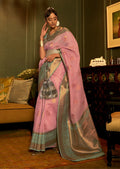 Carnation Pink Zari Woven Pure Handloom Linen Saree