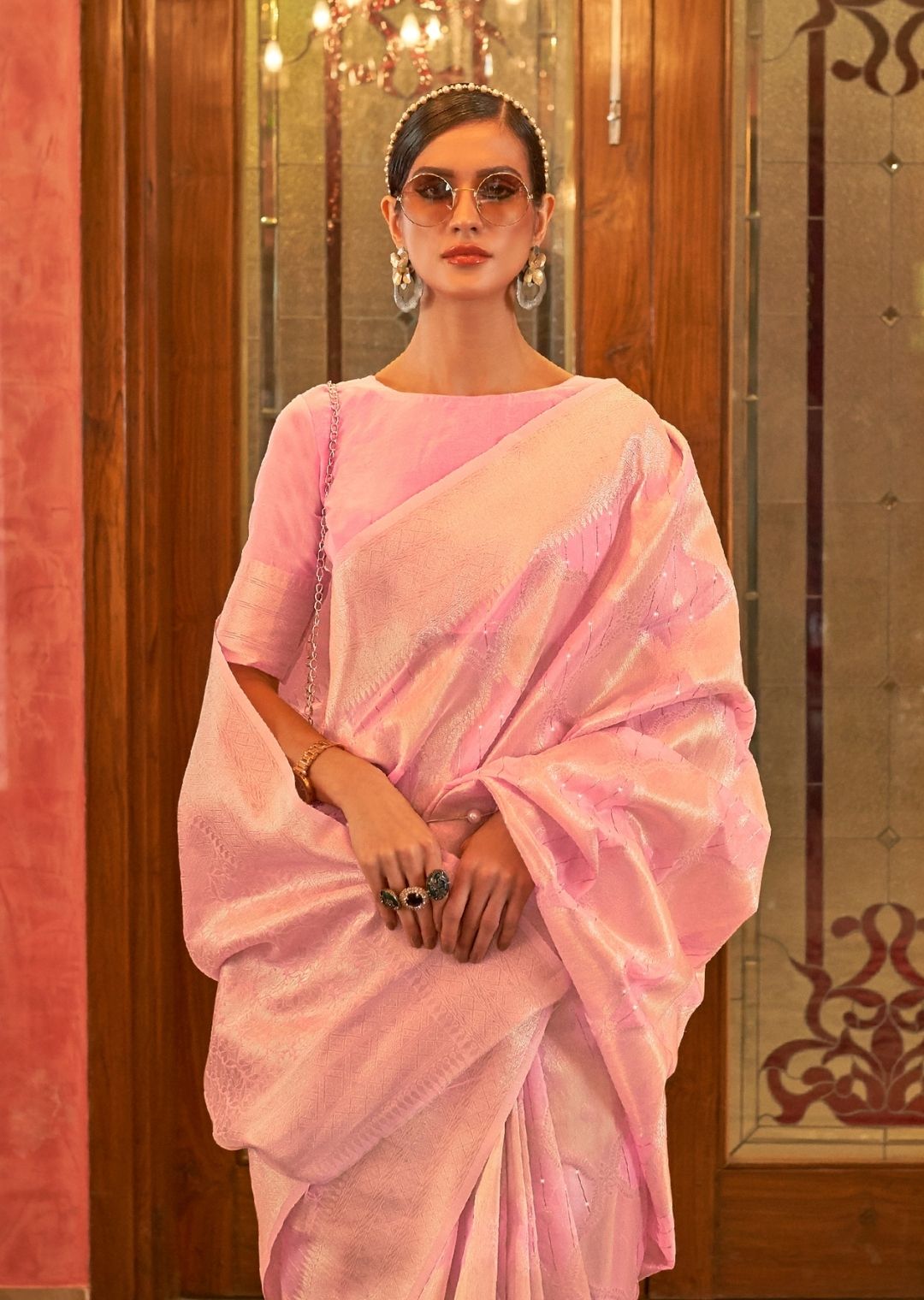 Golden Pastel Pink Zari Woven Pure Handloom Linen Saree