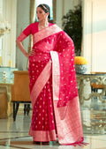 Cheery Red Hand Woven Organza Chanderi Silk Saree