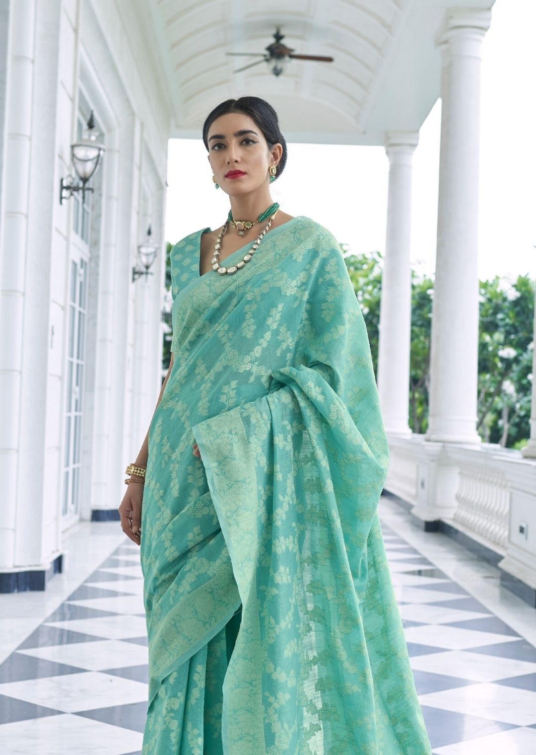 Aqua Green Hand Woven Lucknowi Cotton Saree