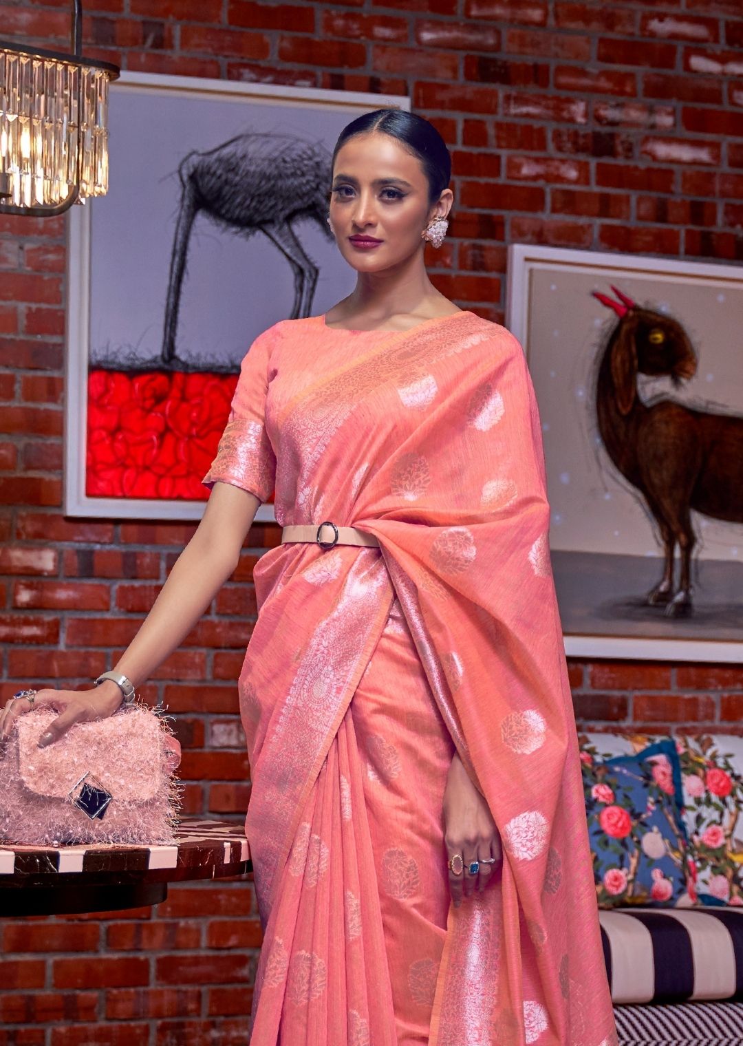 Watermelon Pink Zari Woven Pure Handloom Linen Saree