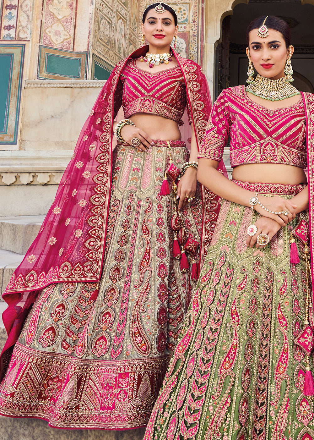 TEA GREEN & PINK HEAVY EMBROIDERED DESIGNER BRIDAL LEHENGA