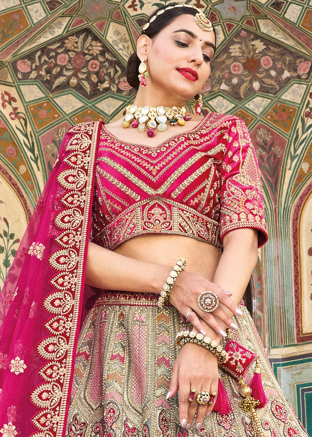 TEA GREEN & PINK HEAVY EMBROIDERED DESIGNER BRIDAL LEHENGA
