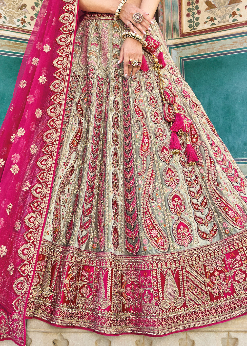 TEA GREEN & PINK HEAVY EMBROIDERED DESIGNER BRIDAL LEHENGA