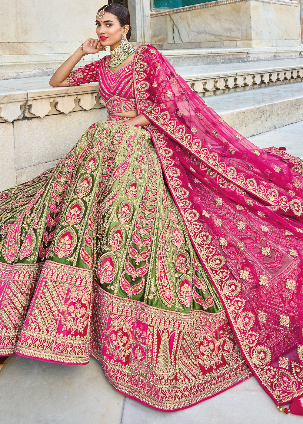 PEAR GREEN HEAVY EMBROIDERED DESIGNER BRIDAL LEHENGA