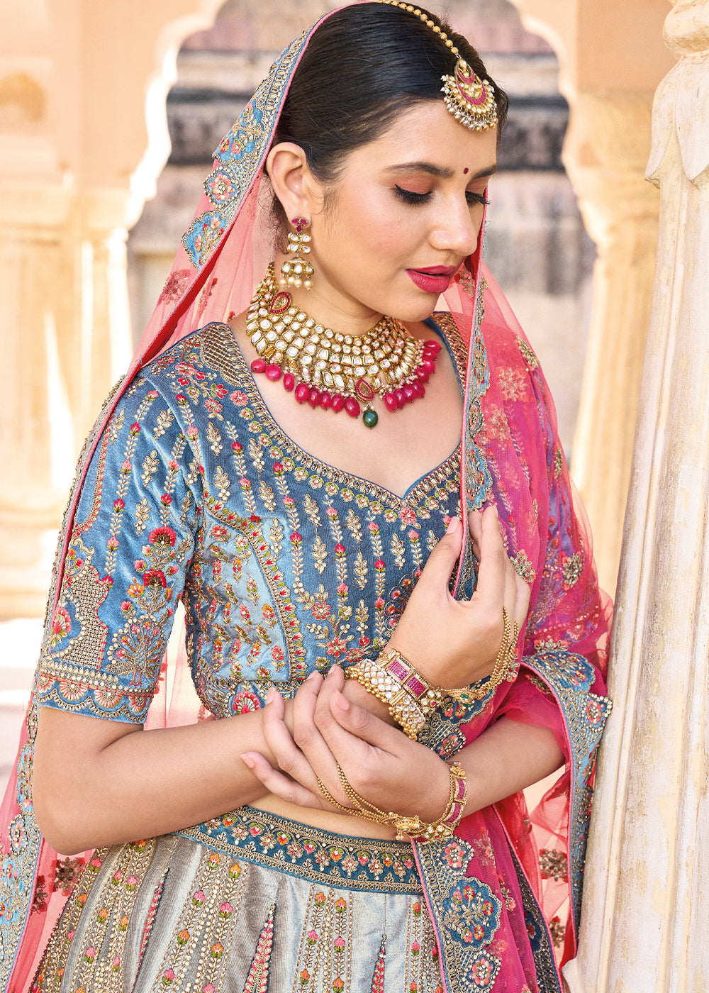 TEAL BLUE HEAVY EMBROIDERED DESIGNER BRIDAL LEHENGA