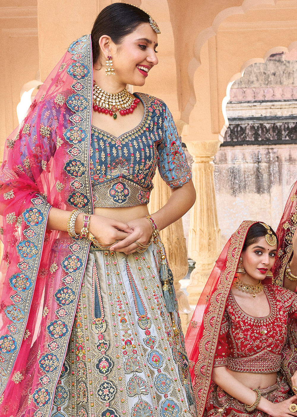 TEAL BLUE HEAVY EMBROIDERED DESIGNER BRIDAL LEHENGA