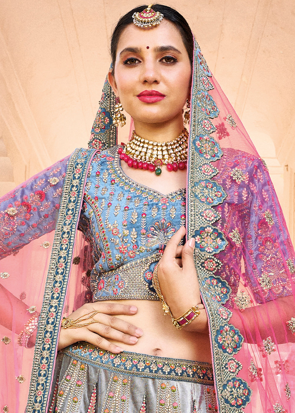 TEAL BLUE HEAVY EMBROIDERED DESIGNER BRIDAL LEHENGA