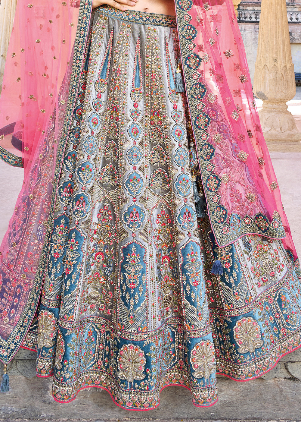 TEAL BLUE HEAVY EMBROIDERED DESIGNER BRIDAL LEHENGA