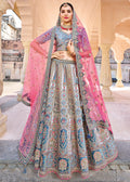 TEAL BLUE HEAVY EMBROIDERED DESIGNER BRIDAL LEHENGA