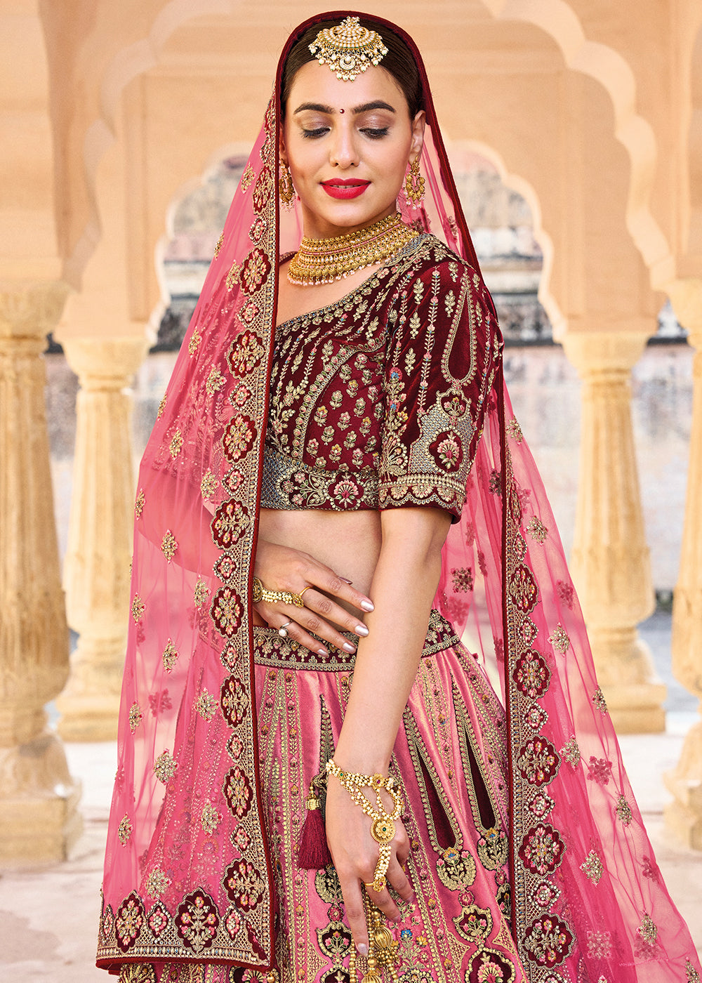 WATERMELON PINK HEAVY EMBROIDERED DESIGNER BRIDAL LEHENGA