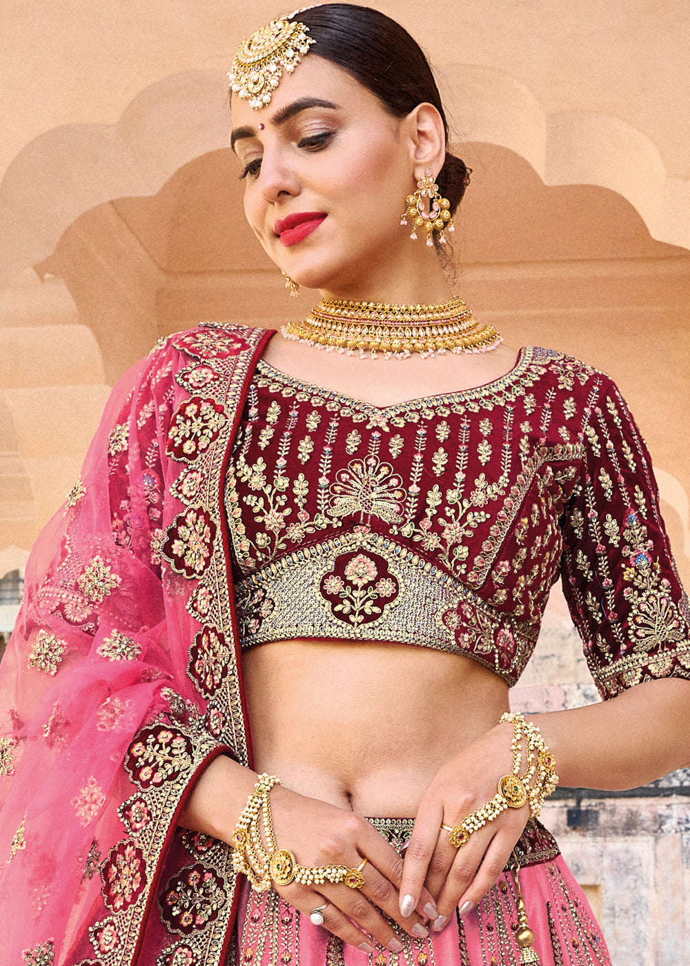 WATERMELON PINK HEAVY EMBROIDERED DESIGNER BRIDAL LEHENGA