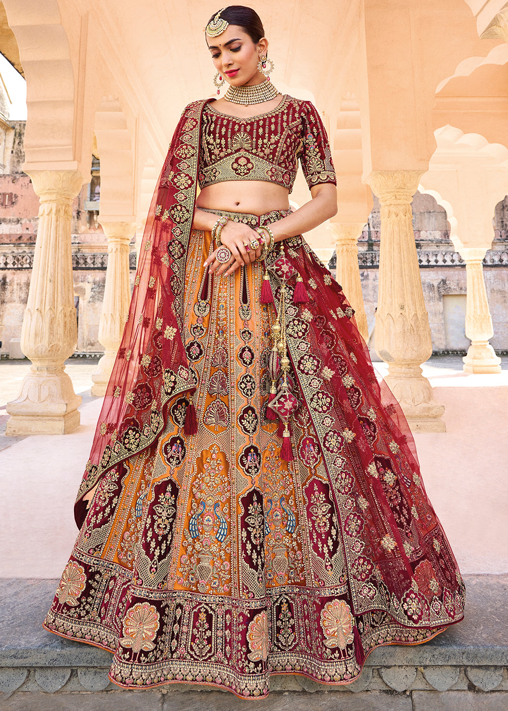 overwhelming multi colored velvet choli designer bridal lehenga -  Zikimo.com - Original Indian Bridal Lehengas Collection
